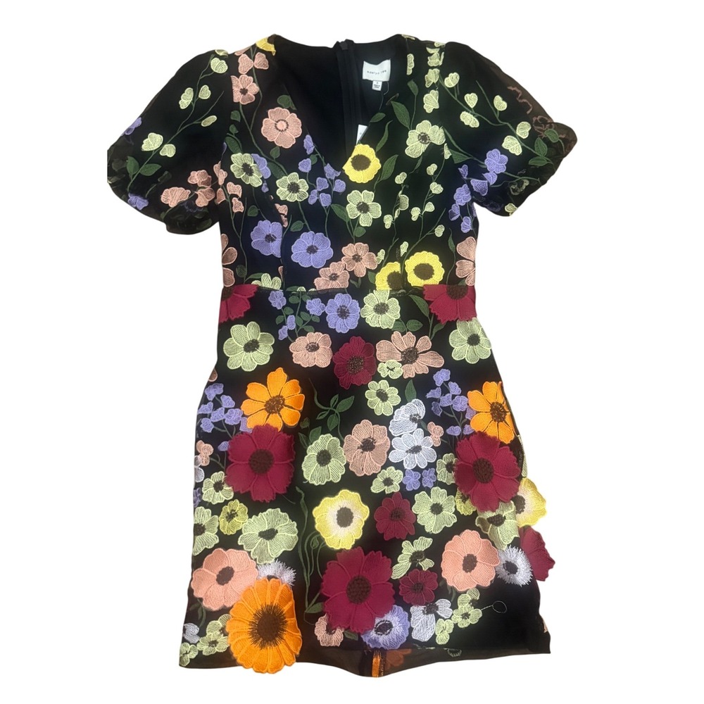Adelyn Rae Black Multi Floral Embroidered Puff Sleeve V Neck Mini Dress Size S - Picture 3 of 14